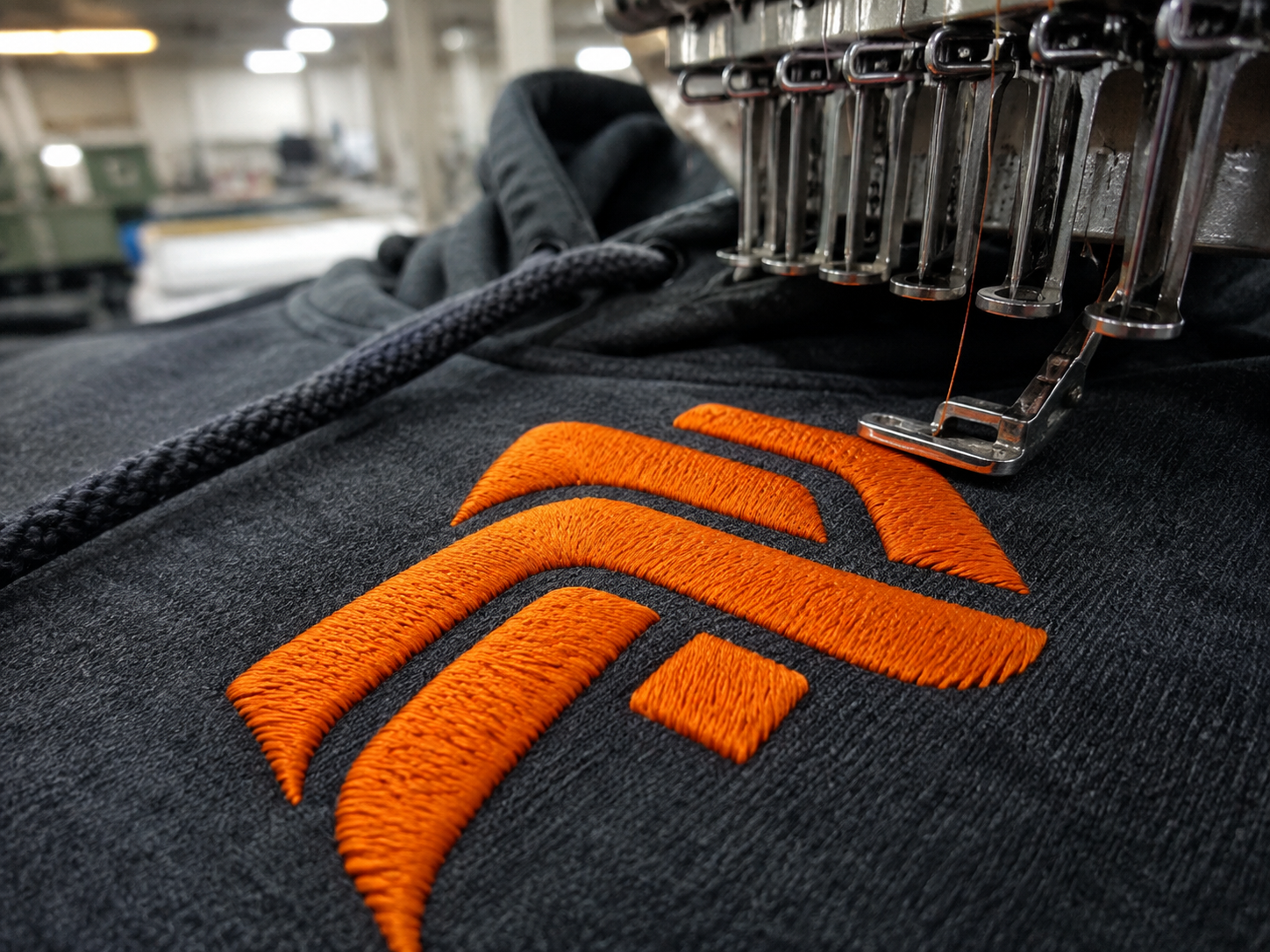 Detalle de bordado naranja sobre sudadera negra